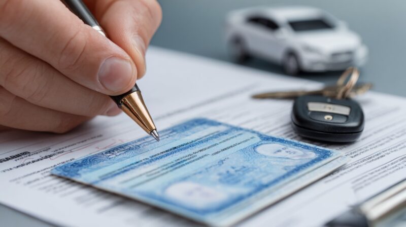 Krupni plan osobe koja potpisuje dokument o registraciji vozila, sa vozačkom dozvolom, ključevima automobila i maketom automobila u pozadini
