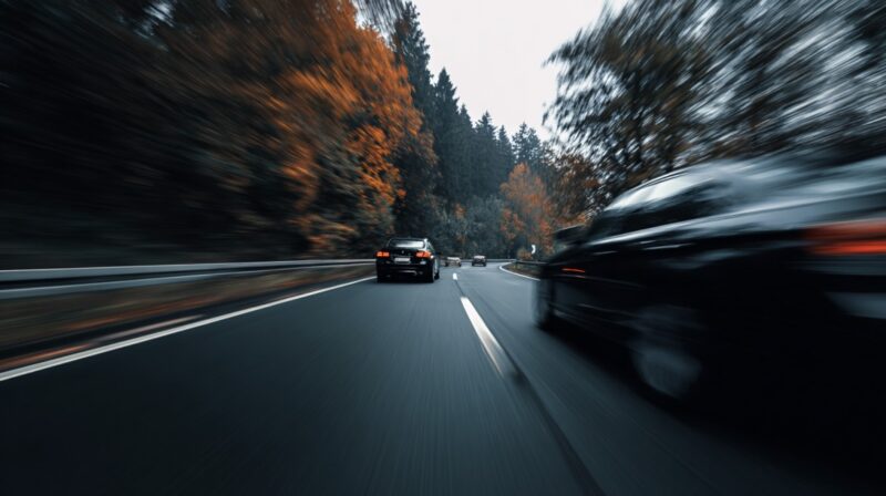Automobili u pokretu na brzoj saobraćajnici okruženoj jesenjim drvećem