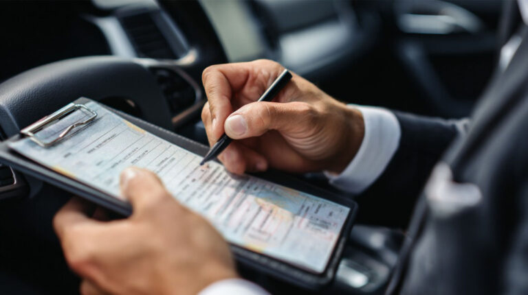 Krupni plan osobe u formalnoj odeći koja popunjava pravne ili registracione dokumente na fascikli unutar automobila