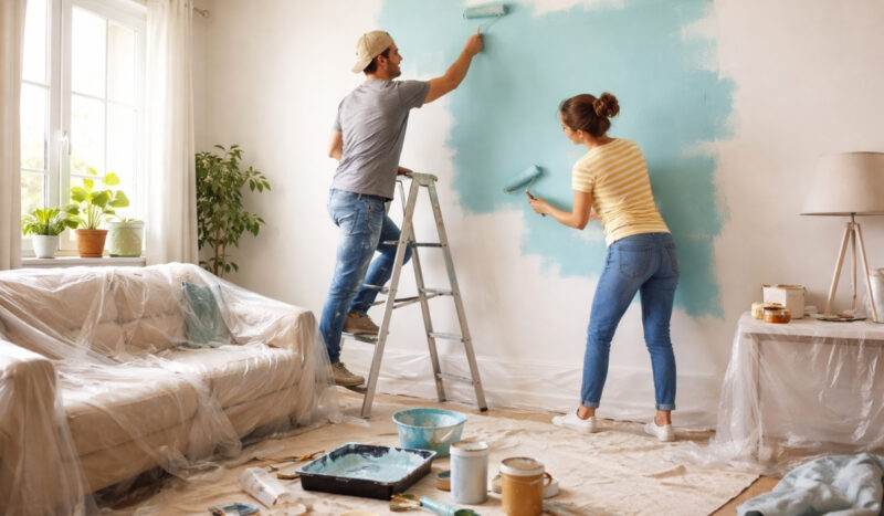 Krečenje zidova u stanu, par farba dnevnu sobu valjkom tokom renoviranja enterijera