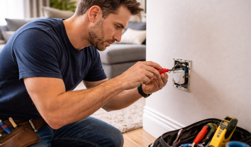 Osoba popravlja električnu utičnicu u stanu koristeći odvijač i osnovni električarski alat