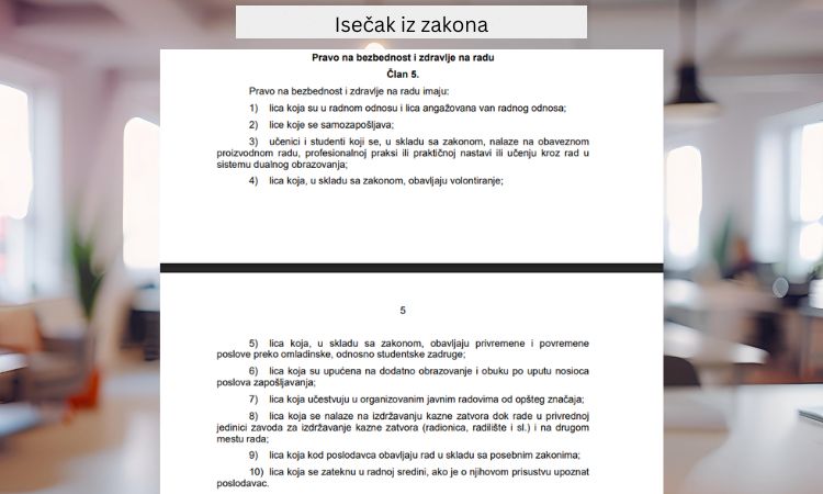 Isečak iz Zakona o bezbednosti i zdravlju na radu koji definiše pravo zaposlenih na bezbedne i zdrave uslove rada