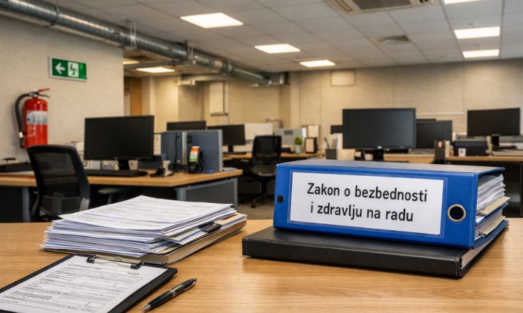 Kancelarijski prostor sa dokumentacijom o bezbednosti i zdravlju na radu i jasno vidljivim elementima protivpožarne zaštite